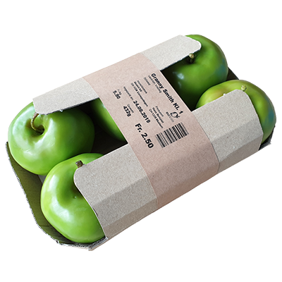 Six Granny Smith apples banded and labeled in a paper tray.