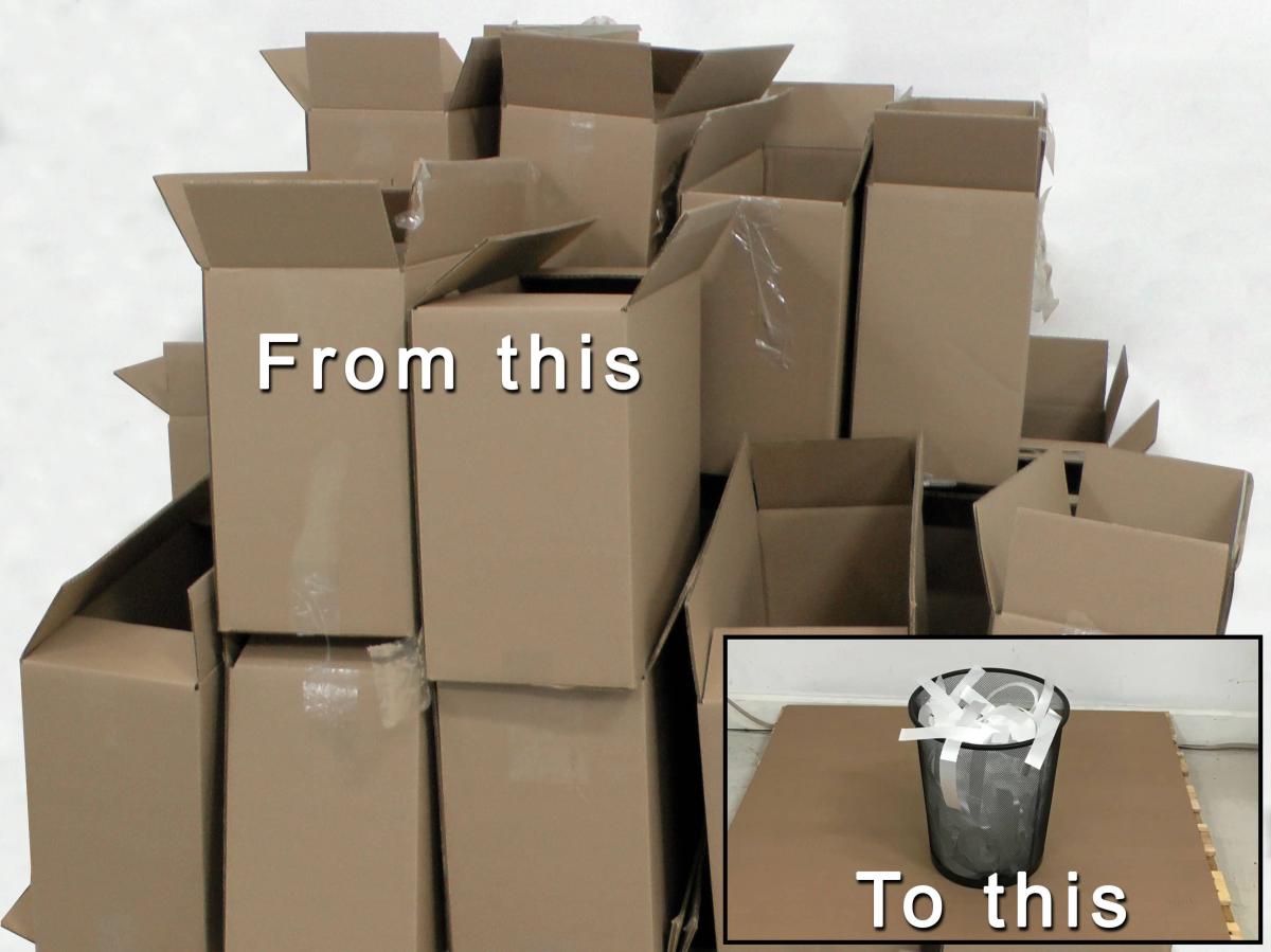 Stacks of corrugated boxes piled high versus a small bin filled with thin strips of banding material to show the volume comparison between the two.