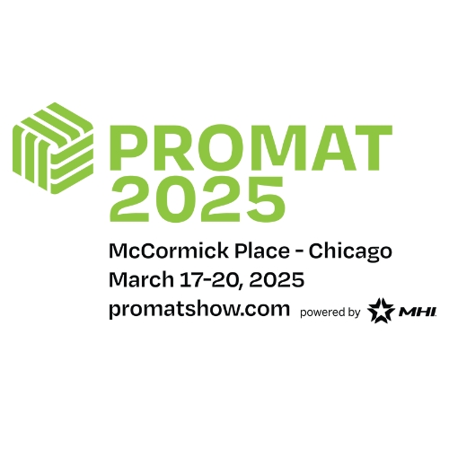 he image displays the official logo for PROMAT 2025, featuring the event name "PROMAT 2025" in bold green letters. Below the event name, it lists the event location, McCormick Place - Chicago, and the dates March 17-20, 2025. The logo also includes the website link promatshow.com and is powered by MHI, with a small star symbol next to it. The design incorporates a green, geometric shape to the left of the text, representing the event’s theme of packaging and logistics.